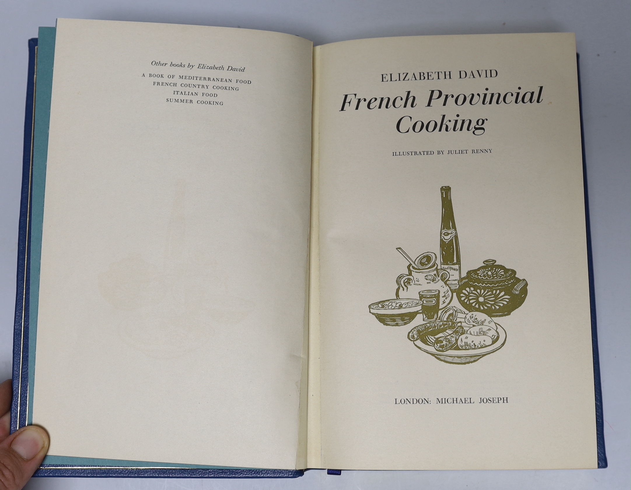 David, Elizabeth - French Provincial Cooking, 1st edition, illustrated by Juliet Renny, 8vo, in fine blue morocco binding, the spine with five raised bands, marbled end-papers, Michael Joseph, London, 1960.